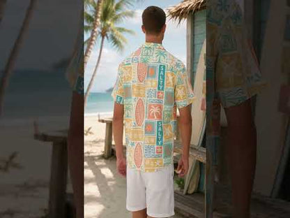 HW-409-Retro Salty Surfboard Graphic Block Print Short Sleeve Button Down Beach Hawaiian Shirt
