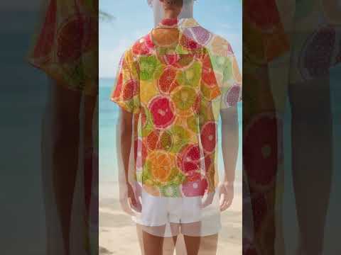 HW-461-Orange Polyester Hawaiian Resort Shirt, Citrus Slice Pattern Button Down Top Beachwear Clothing