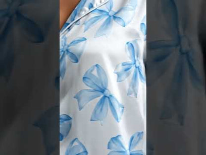 PJ-287-Sky Blue Coquette Bow Satin Pajama Set, White Graphic Ribbon Loungewear Sleepwear Collection Nightwear