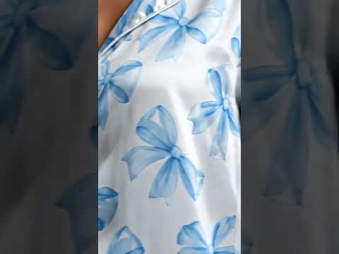 PJ-287-Sky Blue Coquette Bow Satin Pajama Set, White Graphic Ribbon Loungewear Sleepwear Collection Nightwear