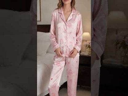 PJ-468-Pink Satin Celebration Pajama Apparel, Party Pattern Loungewear Sleepwear Collection Top Bottom Clothing