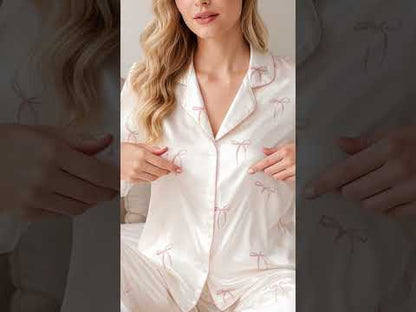 PJ-331-White Satin Ribbon Pajama Set, Pink Bow Sleeve Loungewear Sleepwear Collection Nightwear Boutique