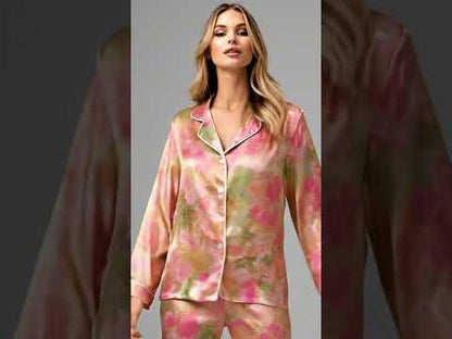 PJ-290-Vintage Flower Printed Satin Pajama Set, Whimsical Blossom Pastel Unisex Sleepwear Lounge Coordinates Suit