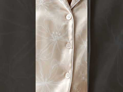 PJ-325-Champagne Satin Floral Pajama Set, White Blossom Sleeve Loungewear Sleepwear Collection Nightwear Boutique