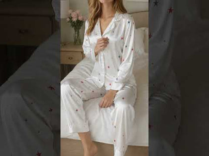 PJ-395-Alabaster Silk Celestial Pajama Apparel, Crimson Star Graphic Short Sleeve Loungewear Sleepwear Collection Raiment