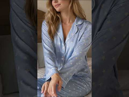 PJ-393-Satin Star Pajama Apparel, Yellow Celestial Pattern Sleeve Loungewear Sleepwear Collection Clothing