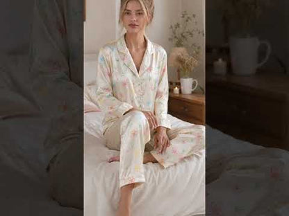 PJ-471-White Silk Retro Blossom Pajama Apparel, Colorful Abstract Graphic Loungewear Sleepwear Collection Top Bottom Raiment