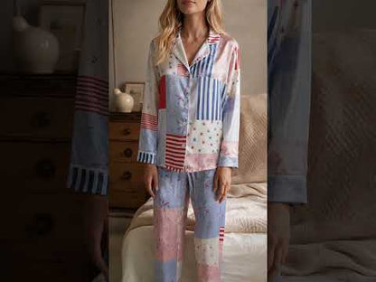 PJ-402-Pastel Satin Striped Pajama Apparel, Multicolor Linear Pattern Sleeve Loungewear Sleepwear Collection Clothing