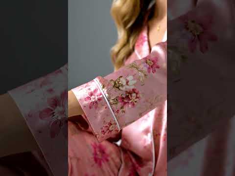 PJ-293-Pink Floral Satin Pajama Set, Gold Rose Graphic Print Loungewear Sleepwear Collection Nightwear Luxury