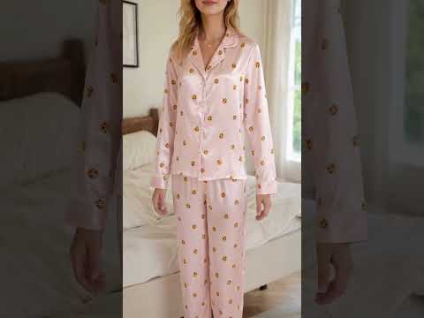 PJ-470-Pink Satin Cookie Pajama Apparel, Ditsy Biscuit Pattern Loungewear Sleepwear Collection Top Bottom Clothing