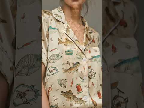 PJ-257-Fishing Theme Satin Sleepwear Set With Button Up Top And Elastic Waist Matching Bottoms