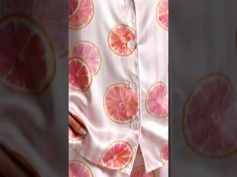 PJ-296-Pink Grapefruit Striped Satin Pajama Set, White Graphic Citrus Fruit Loungewear Sleepwear Nightwear Collection