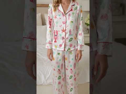 PJ-456-Vibrant Summer Beach Lobster And Cocktail Pattern White Satin Women Sleepwear Lounge Pajama Set