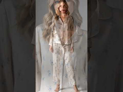 PJ-322-Ditsy Blue Floral Print Ivory Satin Button Down Pajama Set