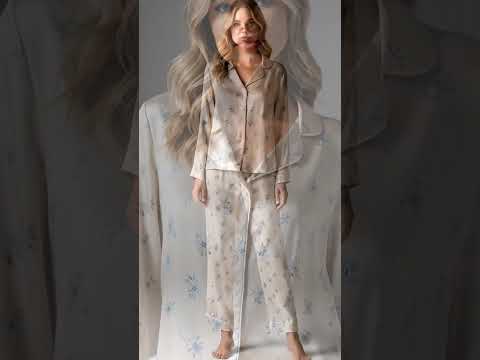PJ-322-Ditsy Blue Floral Print Ivory Satin Button Down Pajama Set