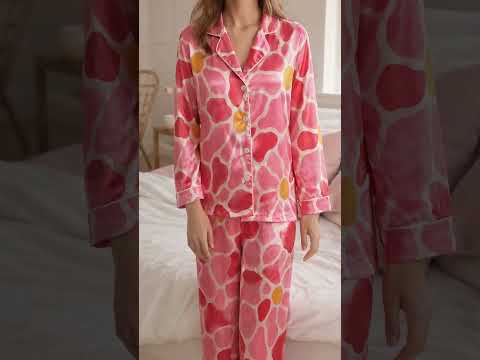 PJ-460-Romantic Watercolor Botanical Floral Heart Pattern Ivory Satin Sleepwear Button Front Lounge Pajama Set