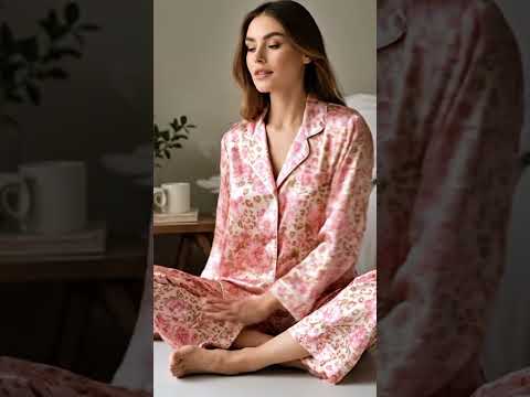 PJ-292-Pink Floral Leopard Print Satin Pajama Set Animal Botanical Sleepwear Button Up Loungewear