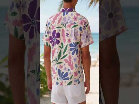 HW-464-Purple Woven Summer Island Aloha Shirt, Retro Blossom Graphic Button Down Top Beachwear Raiment