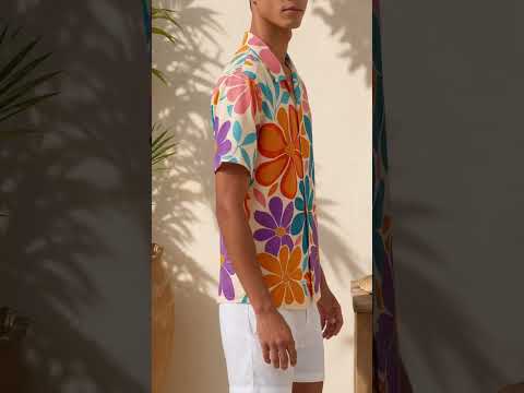 HW-458-Colorful Retro Floral Hawaiian Shirt Groovy Flower Power Summer Vacation Button Down Top