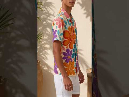 HW-458-Colorful Retro Floral Hawaiian Shirt Groovy Flower Power Summer Vacation Button Down Top