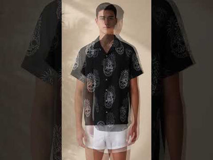 HW-457-Black Hawaiian Shirt White Pineapple Skull Gothic Tropical Beachwear Button Down