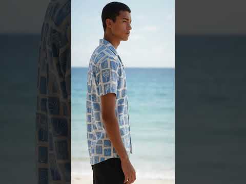 HW-412-Artisanal Coastal Block Print Blue Short Sleeve Camp Collar Resort Hawaiian Shirt