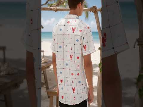 HW-413-Preppy Nautical Lobster and Seashell Grid Print Short Sleeve Button Down Hawaiian Shirt