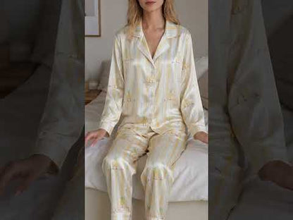 PJ-430-Whimsical Snorkeling Duck Surfboard Motif Striped Silky Satin Button Down Lounge And Sleepwear Set