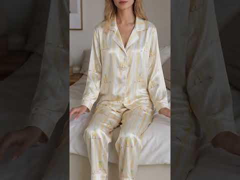 PJ-430-Whimsical Snorkeling Duck Surfboard Motif Striped Silky Satin Button Down Lounge And Sleepwear Set