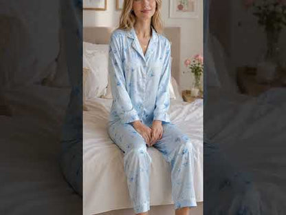 PJ-433-Serene Blue Butterfly And Floral Print Silky Resort Hawaiian Shirt With Matching Lounge Set