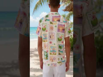 HW-411-Soft Pastel Beach Scenery Patchwork Print Camp Collar Short Sleeve Aloha Vacation Shirt