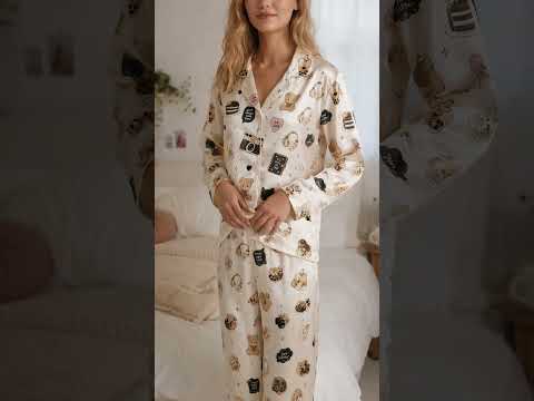 PJ-420-Cute Kawaii Animal Boba Tea Graphic Print Cream Satin Lounge Pajama Set