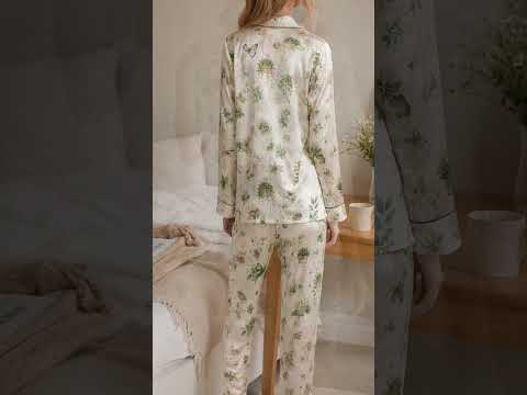 PJ-421-Botanical Greenhouse Vintage Camera Print Cream Satin Sleepwear Set