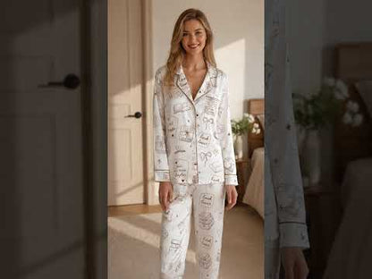 PJ-M061-Bookish Line Art Satin Pajamas Literary Coffee Reading Lounge Set Pjs