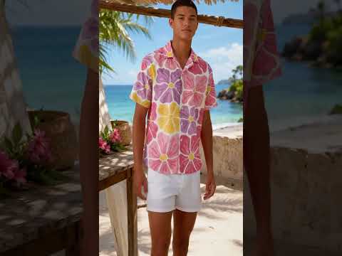 HW-462-Pink Polyester Hawaiian Resort Shirt, Pastel Petal Pattern Button Down Top Beachwear Clothing