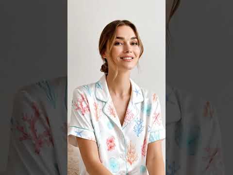 PJ-262-Coral Reef Premium Satin Pajama Set, White Ocean Undersea Print Nautical Loungewear Sleepwear Collection FREE SHIPPING