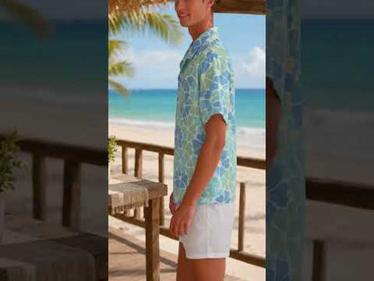 HW-463-Blue Polyester Hawaiian Resort Shirt, Pastel Floral Pattern Button Down Top Beachwear Clothing