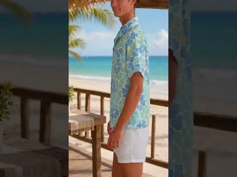 HW-463-Blue Polyester Hawaiian Resort Shirt, Pastel Floral Pattern Button Down Top Beachwear Clothing